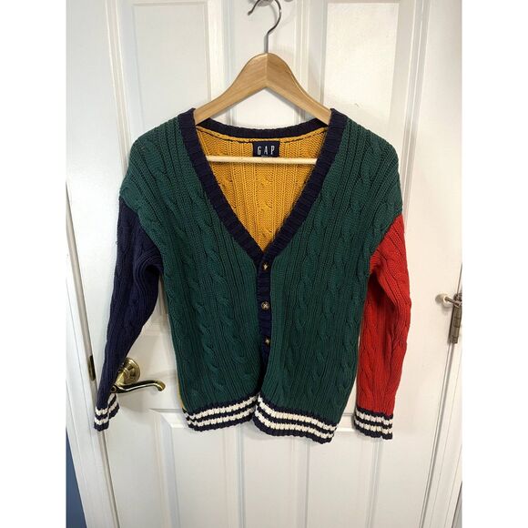 GAP Sweaters - Vintage Gap Color Block Cable Knit Button Down Cardigan Size Medium
